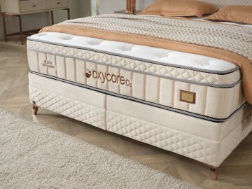 OXYCORE Paket Yaylı Ortopedik Set - HDS Kuş Tüyü Süngerli Yatak, Emniyet Kilitli Baza ve Modern Başlık