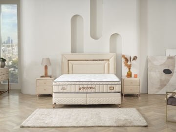 OXYCORE Paket Yaylı Ortopedik Set - HDS Kuş Tüyü Süngerli Yatak, Emniyet Kilitli Baza ve Modern Başlık