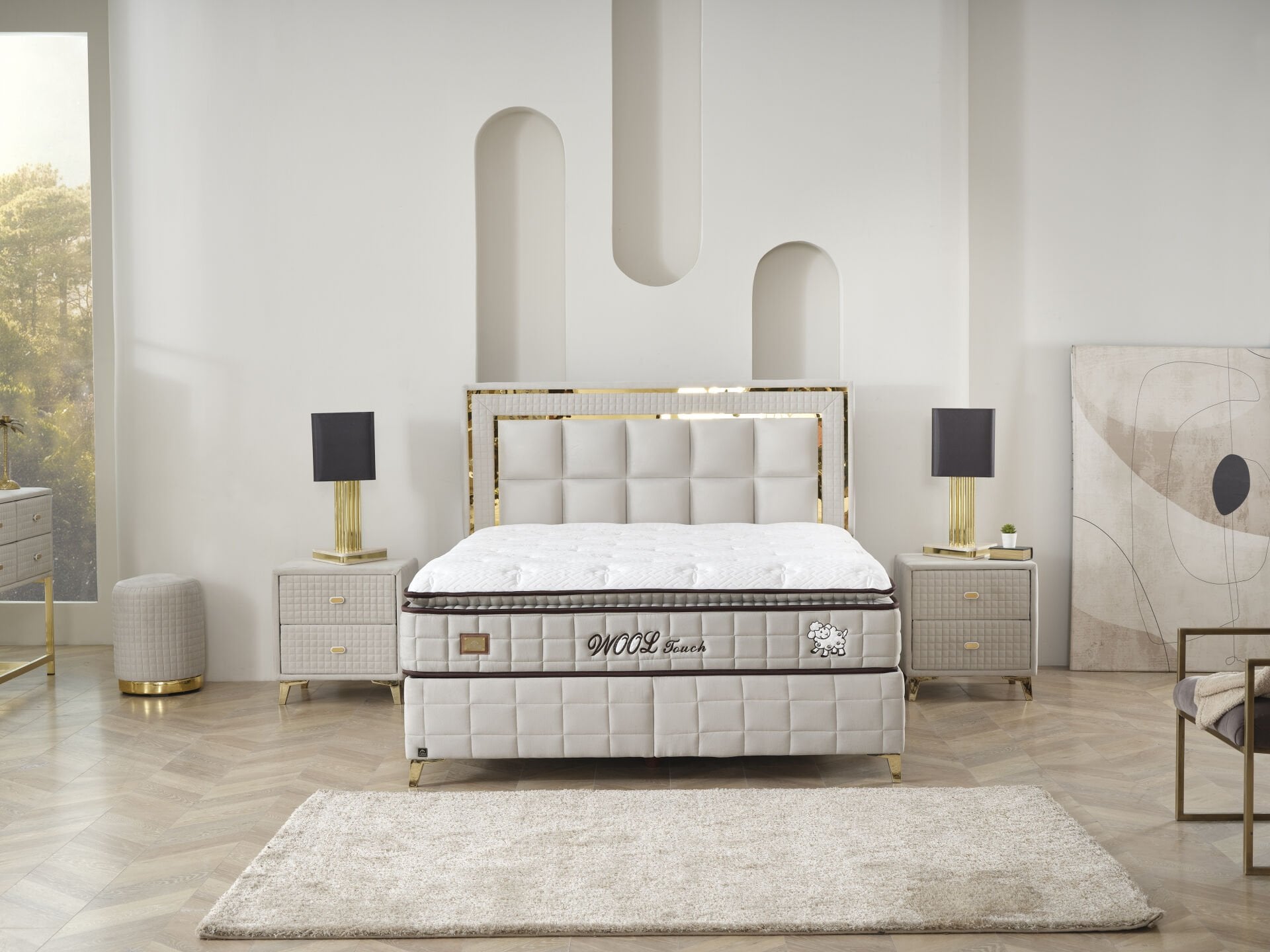 WOOL TOUCH Doğal Yün Serisi Full Set – Termal Mükemmellik Sunan Hibrit Yatak, Gold Detaylı Lüks Baza ve Başlık