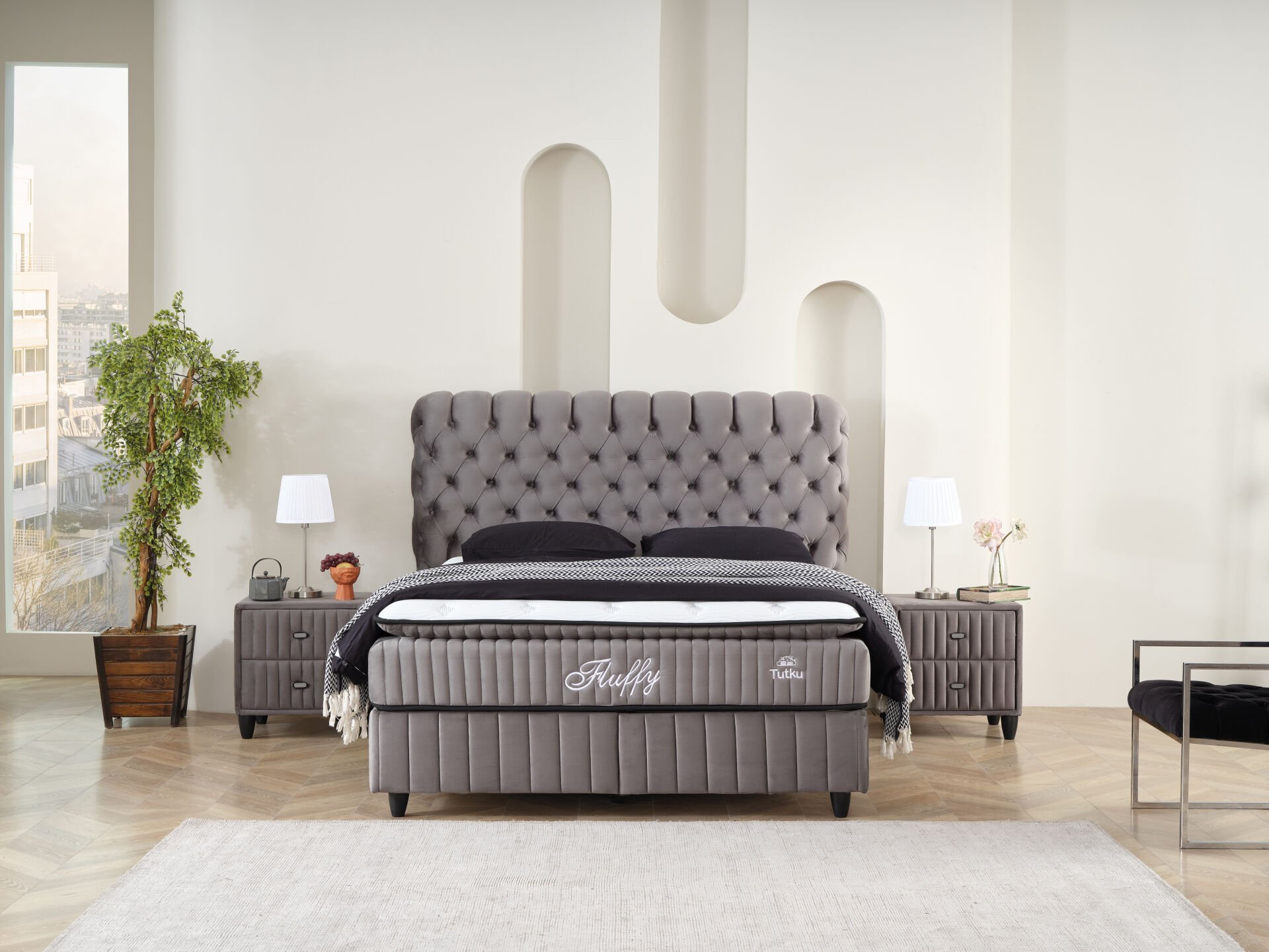 FLUFFY Pedli Torba ve Mini Paket Yaylı Omurga Destekli Yatak Baza Başlık Seti