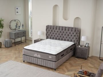 FLUFFY Pedli Torba ve Mini Paket Yaylı Omurga Destekli Yatak Baza Başlık Seti