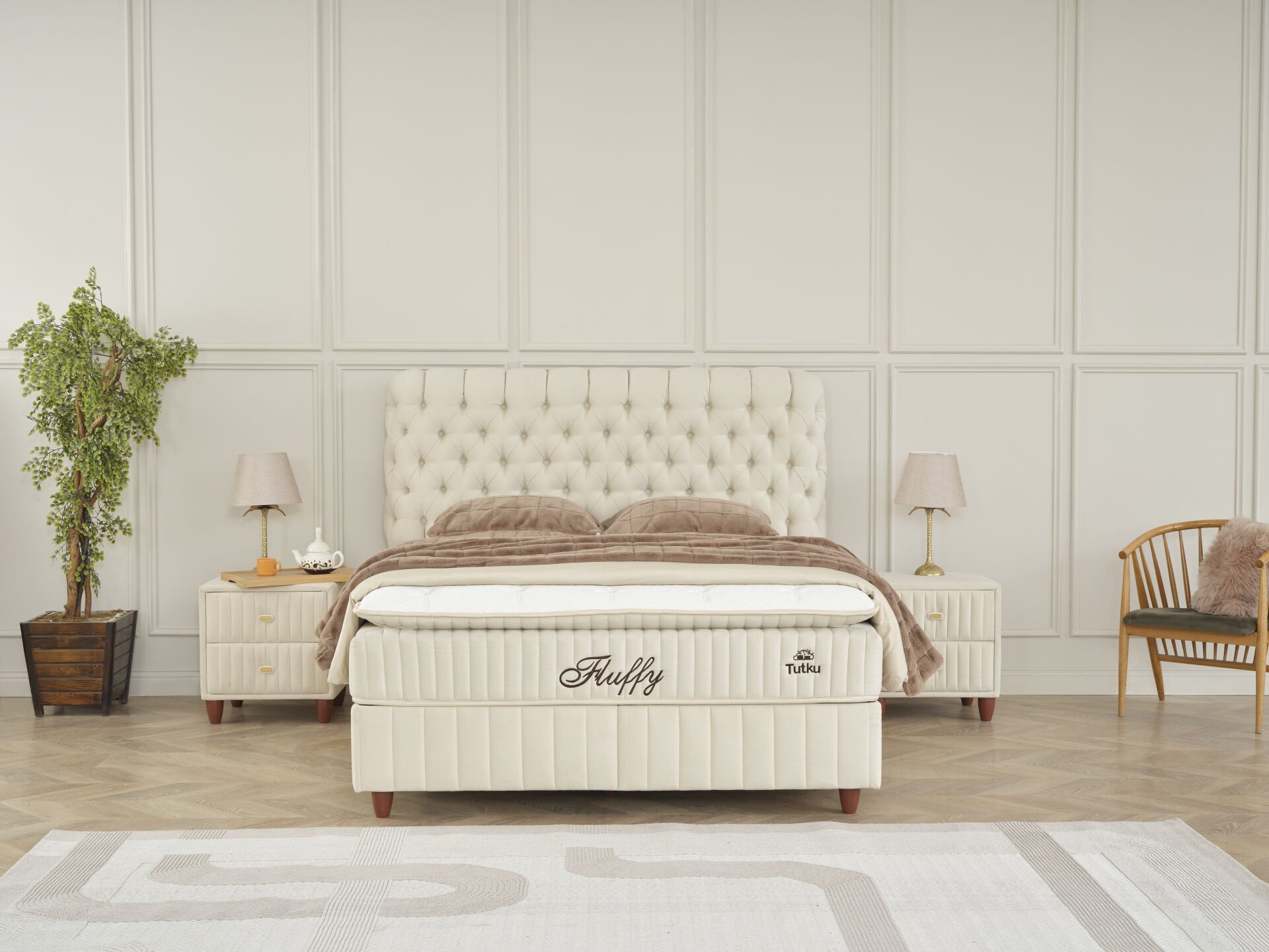 FLUFFY Pedli Torba ve Mini Paket Yaylı Omurga Destekli Yatak Baza Başlık Seti