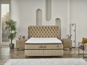 FLUFFY Pedli Torba ve Mini Paket Yaylı Omurga Destekli Yatak Baza Başlık Seti