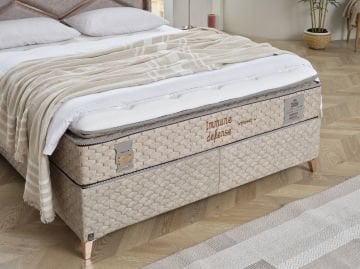 IMMUNE DEFENCE Gold Diamond Yatak Baza Başlık Seti | A,C,E Vitamin Apreli Kumaş, Kuş Tüyü Sünger, Ortopedik Lüks Yatak