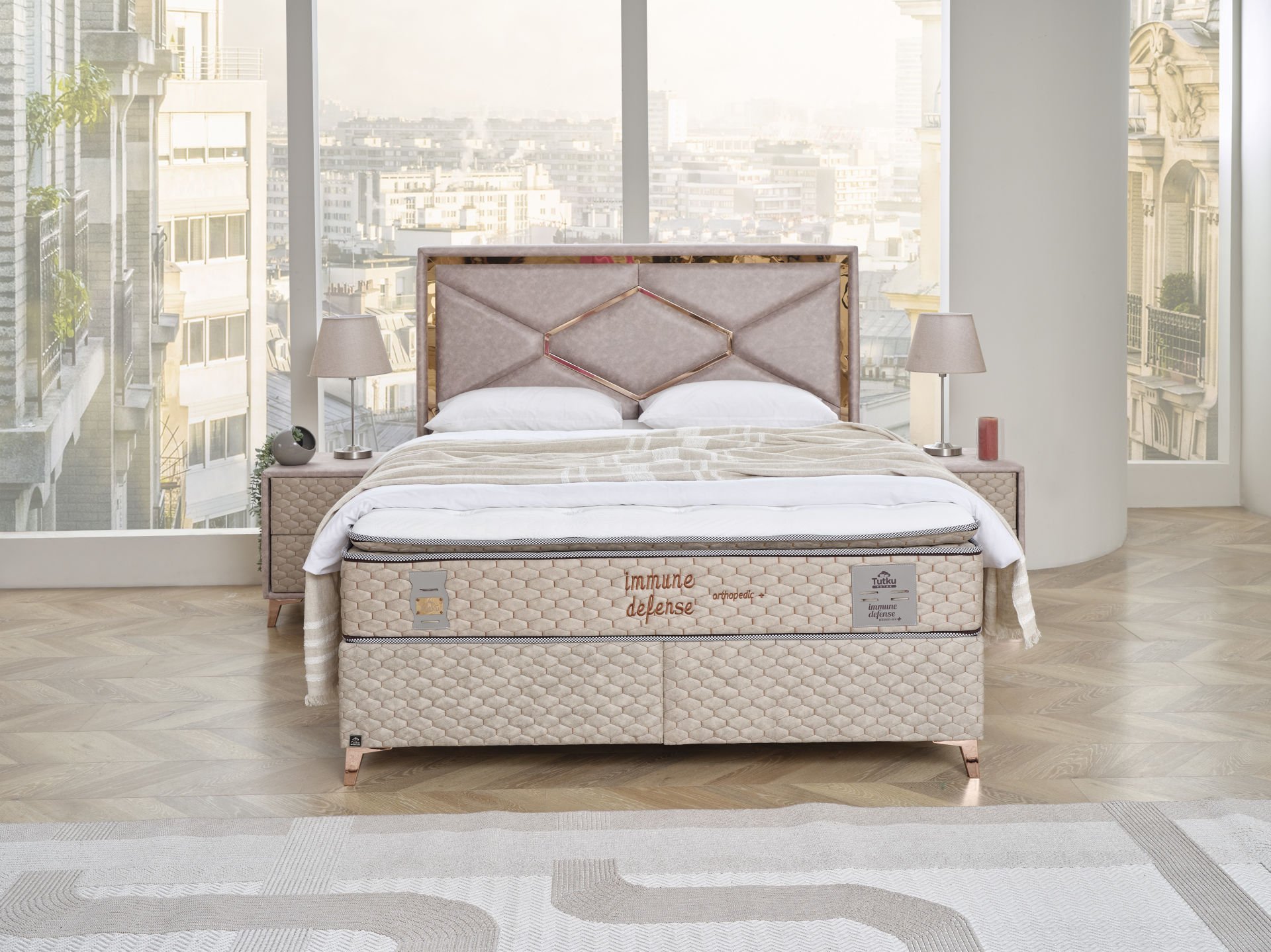 IMMUNE DEFENCE Gold Diamond Yatak Baza Başlık Seti | A,C,E Vitamin Apreli Kumaş, Kuş Tüyü Sünger, Ortopedik Lüks Yatak