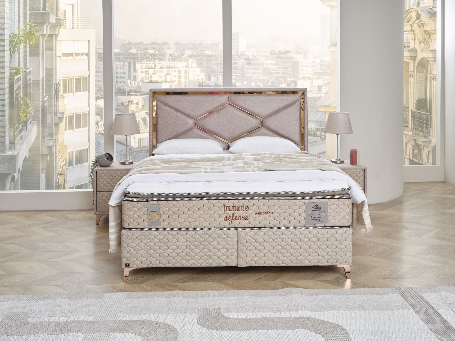 IMMUNE DEFENCE Gold Diamond Yatak Baza Başlık Seti | A,C,E Vitamin Apreli Kumaş, Kuş Tüyü Sünger, Ortopedik Lüks Yatak