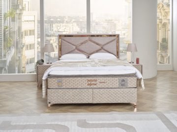 IMMUNE DEFENCE Gold Diamond Yatak Baza Başlık Seti | A,C,E Vitamin Apreli Kumaş, Kuş Tüyü Sünger, Ortopedik Lüks Yatak