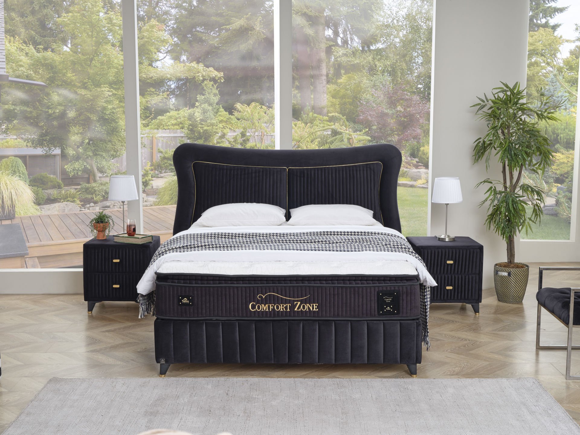 Comfort Zone Pedli Çift Yönlü-Kuş Tüyü Sünger (Yumuşak Sünger-Sert Sünger) Dual Torba Yaylı Yatak Baza Başlık Seti