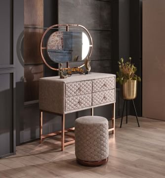 IMMUNE DEFENCE Prestige Gold Diamond Lüks Şifonyer Takımı | Aynalı Makyaj Masası & Puf