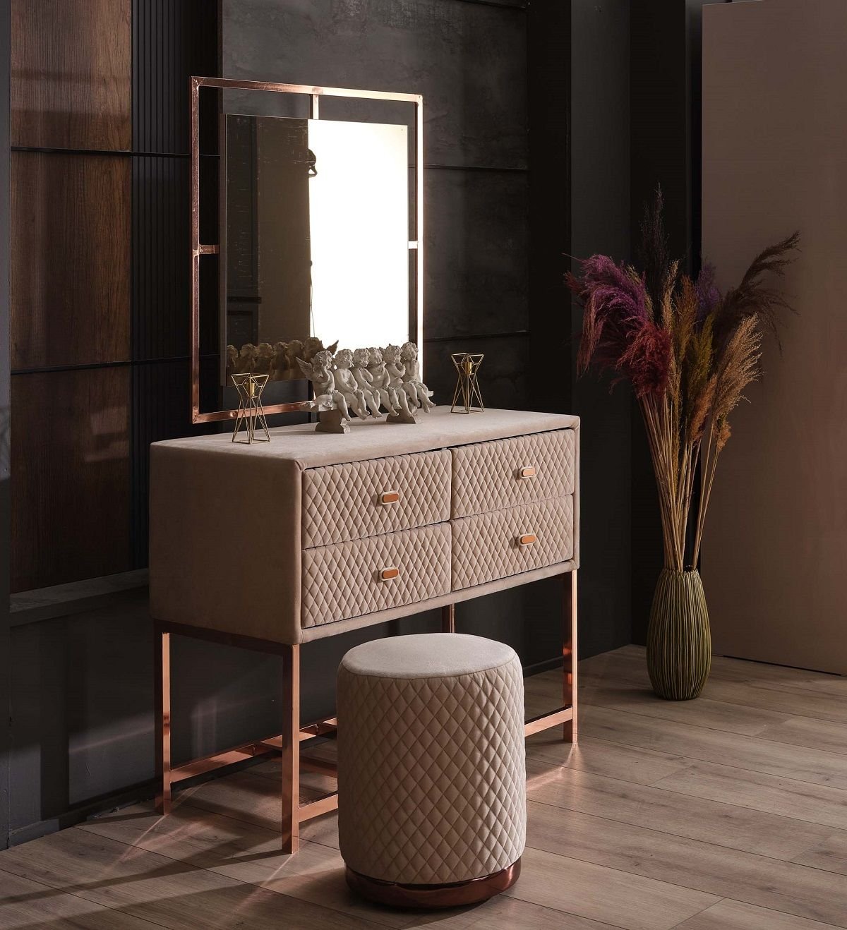 OXYCORE Lüks Makyaj Masası - Geometrik Kapitone İşlemeli, 4 Çekmeceli Şifonyer ve Tasarım Puf