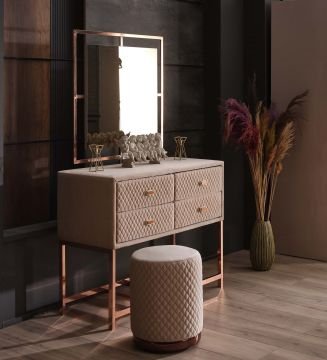 OXYCORE Lüks Makyaj Masası - Geometrik Kapitone İşlemeli, 4 Çekmeceli Şifonyer ve Tasarım Puf