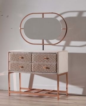 OXYCORE Lüks Makyaj Masası - Geometrik Kapitone İşlemeli, 4 Çekmeceli Şifonyer ve Tasarım Puf